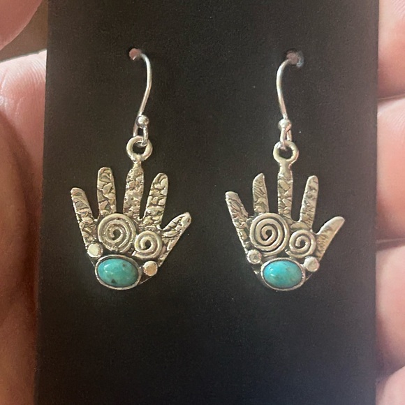 STERLING SILVER NATIVE INSPIRED TURQUOISE ANCESTOR HAND STORY TELLER EARRINGS - Picture 4 of 7